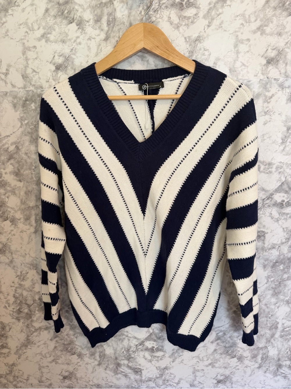 Classic V-Neck Striped Sweater - Navy & White